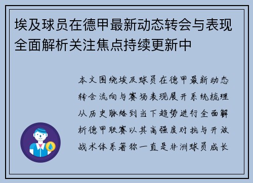 埃及球员在德甲最新动态转会与表现全面解析关注焦点持续更新中